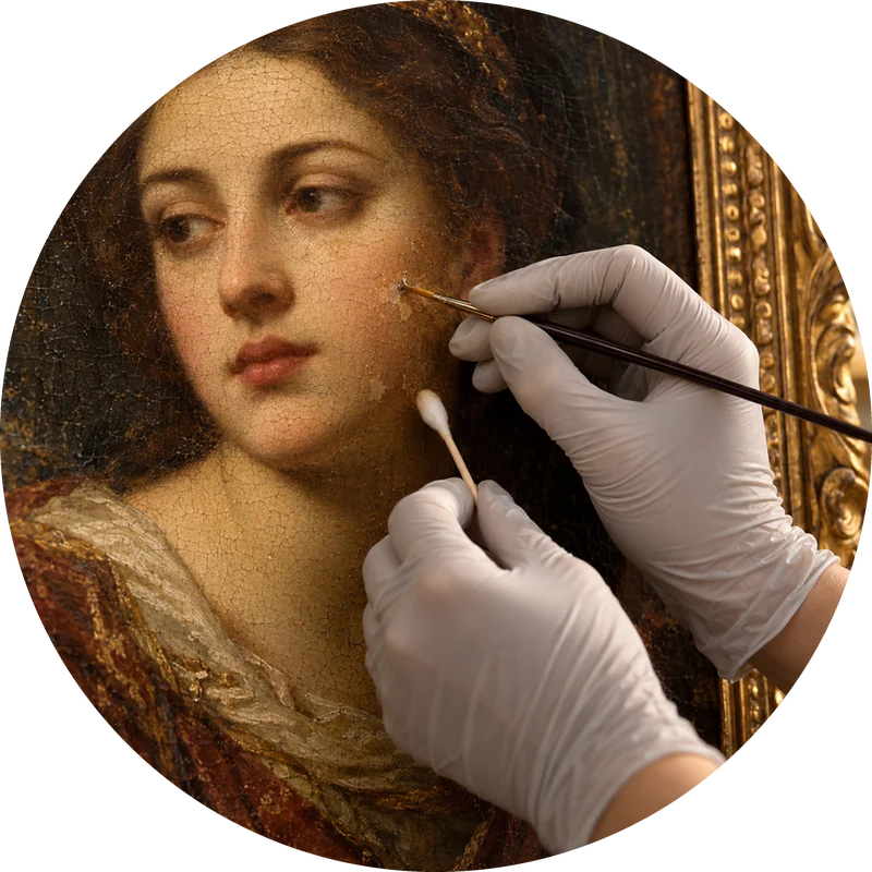 Manos de restauradora con guantes retocando una pintura al óleo antigua